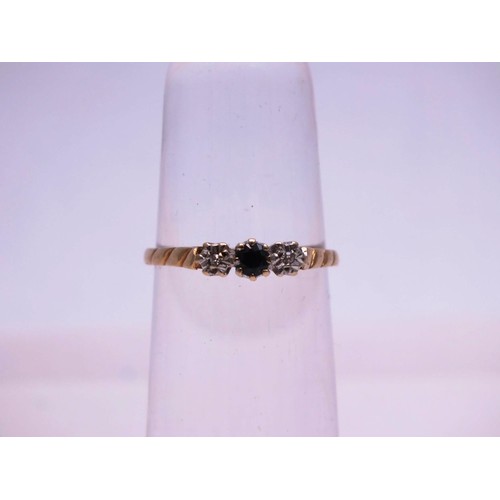 329 - 9CT GOLD DIAMONDS AND SAPPHIRE TRILOGY RING SIZE O, 1.7g