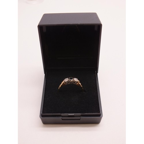 329 - 9CT GOLD DIAMONDS AND SAPPHIRE TRILOGY RING SIZE O, 1.7g