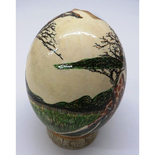 505 - TAXIDERMY VINTAGE HAND PAINTED SIGNED OSTRICH EGG DECORATED WITH GIRAFFES