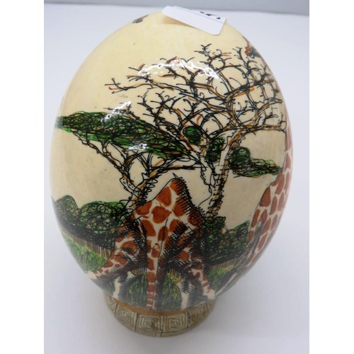 505 - TAXIDERMY VINTAGE HAND PAINTED SIGNED OSTRICH EGG DECORATED WITH GIRAFFES