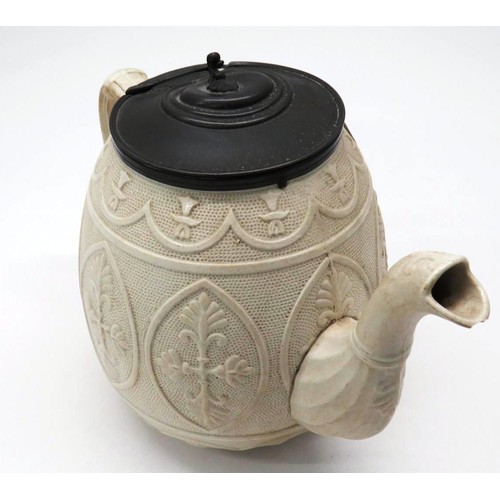 506 - VICTORIAN WHITE SALT GLAZED IRONSTONE TEAPOT BOURNE AND CO CIRCA 1860- WITH PEWTER LID - AS FOUND