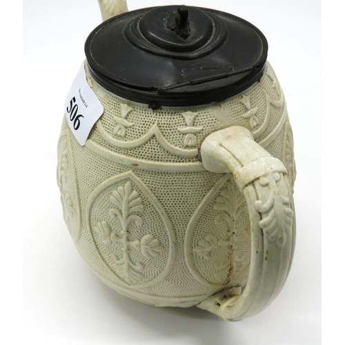 506 - VICTORIAN WHITE SALT GLAZED IRONSTONE TEAPOT BOURNE AND CO CIRCA 1860- WITH PEWTER LID - AS FOUND