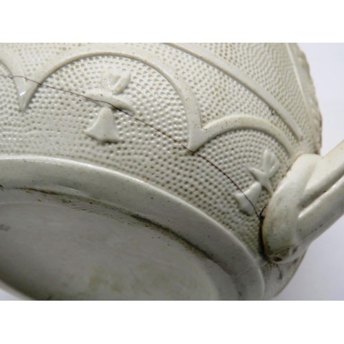 506 - VICTORIAN WHITE SALT GLAZED IRONSTONE TEAPOT BOURNE AND CO CIRCA 1860- WITH PEWTER LID - AS FOUND