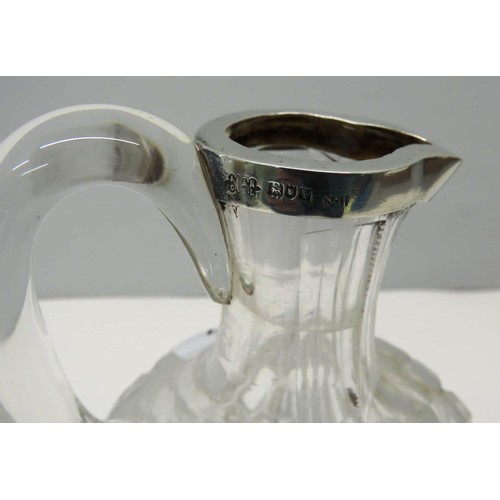 507 - ANTIQUE CUT GLASS CLARET JUG WITH LONDON HALLMARKED SILVER SPOUT WITH ORIGINAL STOPPER