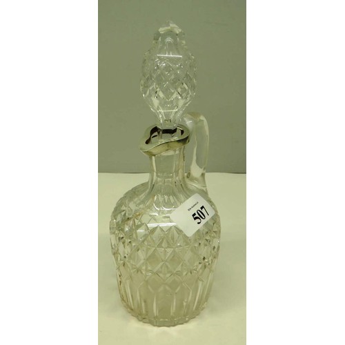 507 - ANTIQUE CUT GLASS CLARET JUG WITH LONDON HALLMARKED SILVER SPOUT WITH ORIGINAL STOPPER