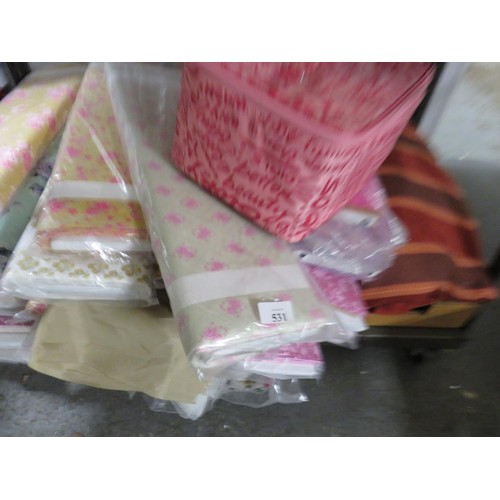 531 - SHELF LOT OF MATERIAL ROLLS AND FOUR SACKS FULL OF MATERIAL