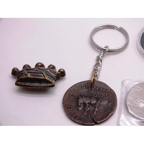 526 - COIN KEYRINGS, BADGES, COINS & CROWN MEDALLION