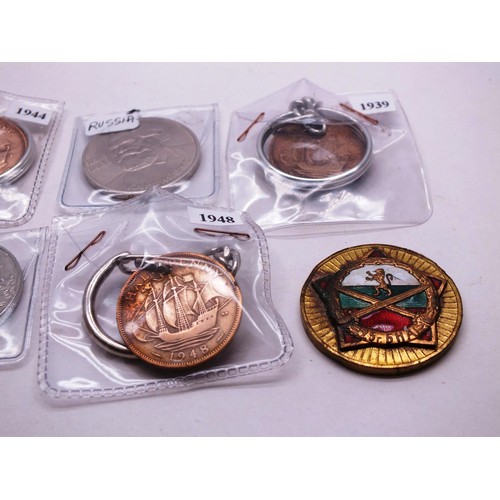 526 - COIN KEYRINGS, BADGES, COINS & CROWN MEDALLION