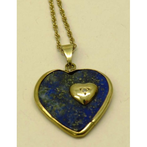 426 - 8CT GOLD VINTAGE LAPIS LAZULI AND DIAMOND HEART PENDANT (1.5G) ON HALLMARKED 9CT GOLD CHAIN (1.5G) T... 