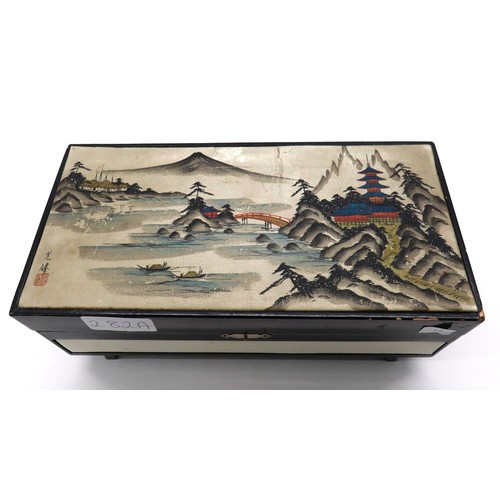 282A - VINTAGE JAPANESE MUSICAL JEWELERY BOX WITH HANDPAINTED & SIGNED LEATHER TOP, MUSIC WORKING, SIZE L30... 