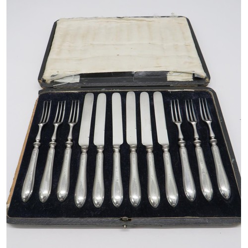 289 - ANTIQUE CASED SET OF 12 STERLING SILVER DESSERT KNIVES & FORKS SET, HALLMARKED SHEFFIELD 1919, H.FIS... 