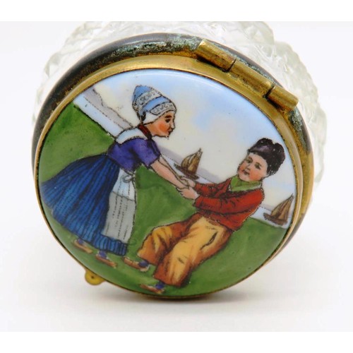 430 - ANTIQUE CUT GLASS POUDRE VANITY JAR WITH HAND PAINTED PORCELAIN LID DUTCH CHILDREN