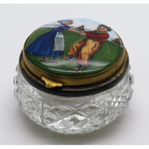 430 - ANTIQUE CUT GLASS POUDRE VANITY JAR WITH HAND PAINTED PORCELAIN LID DUTCH CHILDREN