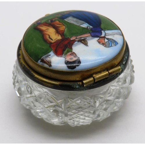 430 - ANTIQUE CUT GLASS POUDRE VANITY JAR WITH HAND PAINTED PORCELAIN LID DUTCH CHILDREN