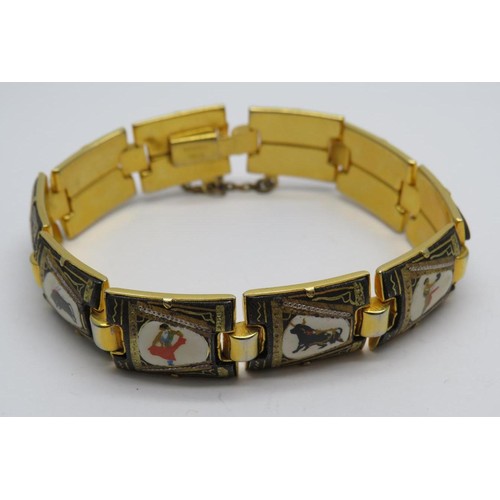 440 - 925 SILVER RING SIZE O, SILVER ABALONE BROOCH AND DAMASCENE TOLEDO ENAMELLED PANEL BRACELET