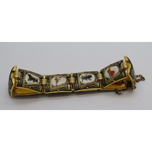 440 - 925 SILVER RING SIZE O, SILVER ABALONE BROOCH AND DAMASCENE TOLEDO ENAMELLED PANEL BRACELET