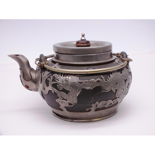 337 - VINTAGE CHINESE BLACK YIXING CLAY TEAPOT WITH PEWTER OVERLAY