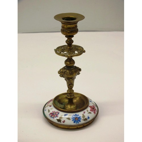 368 - BRASS POTTERY INKWELL AND PAIR OF CANDLESTICKS