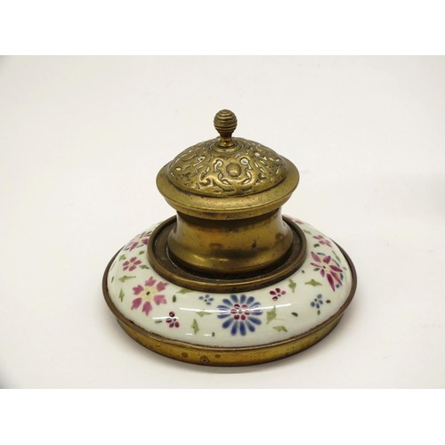 368 - BRASS POTTERY INKWELL AND PAIR OF CANDLESTICKS