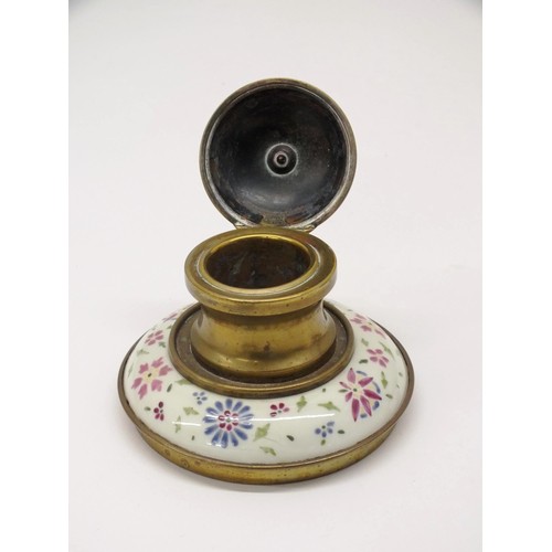 368 - BRASS POTTERY INKWELL AND PAIR OF CANDLESTICKS