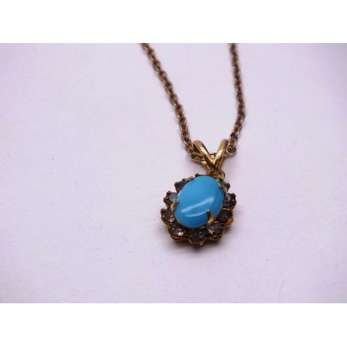 230 - GOLD COLOUR NECKLACE WITH TURQUOISE PENDANT AND SWAROVSKI RING BOXED