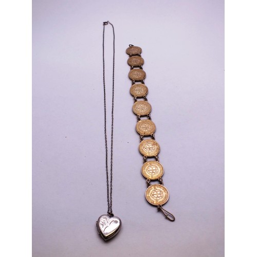 237 - STERLING SILVER HEART LOCKET NECKLACE AND SILVER THREEPENCE COIN BRACELET