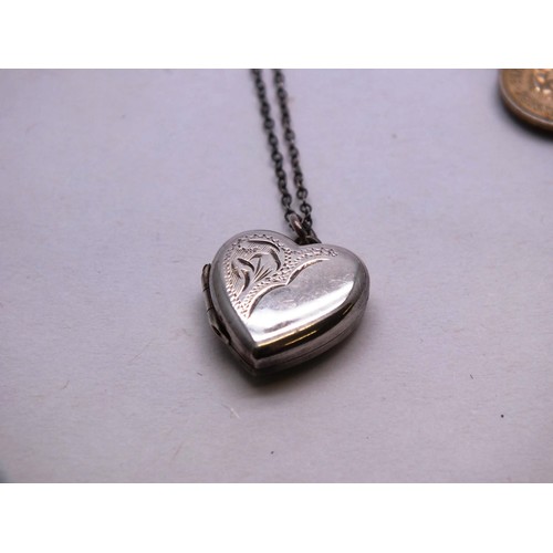 237 - STERLING SILVER HEART LOCKET NECKLACE AND SILVER THREEPENCE COIN BRACELET