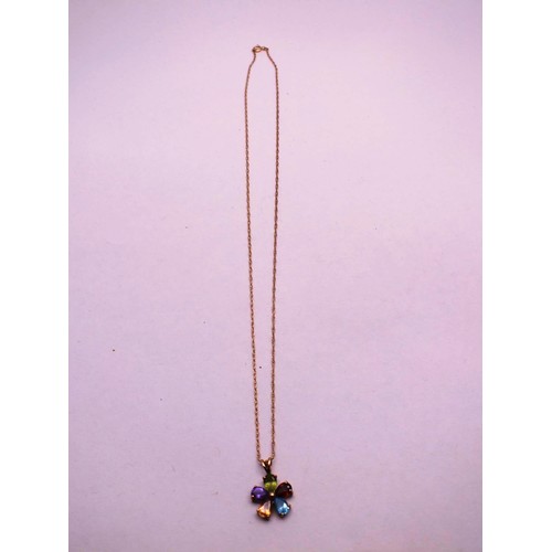 238 - 9CT GOLD NECKLACE WITH COLOURED GLASS PENDANT -1.8G