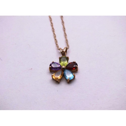 238 - 9CT GOLD NECKLACE WITH COLOURED GLASS PENDANT -1.8G