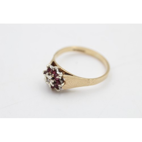 80 - 9ct gold diamond & ruby floral cluster ring (2.6g) SIZE O