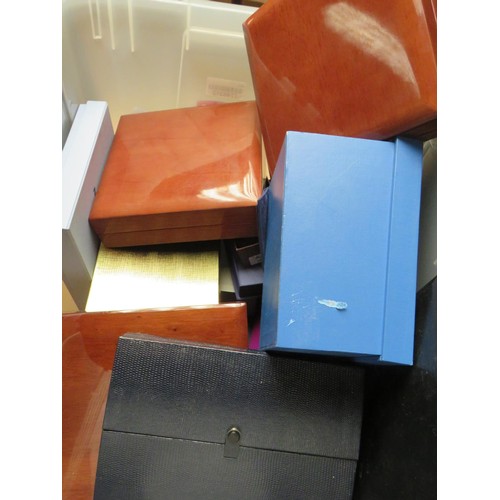 210 - LARGE BOX FULL OF ASSORTED JEWELERY BOXES INCLUDES WOODEN LEATHER LINED NECKLACE BOXES