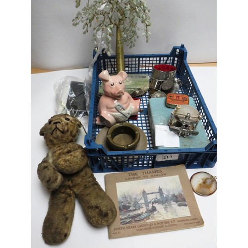 213 - TRAY OF VINTAGE INCLUDES ATLAS FISHING REEL, OLD TEDDY, WADE NATWEST PIG etc