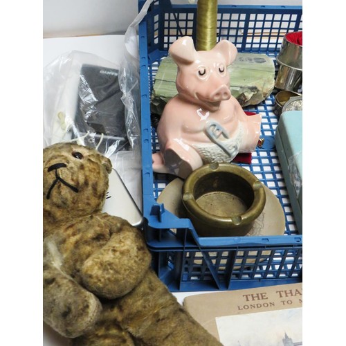 213 - TRAY OF VINTAGE INCLUDES ATLAS FISHING REEL, OLD TEDDY, WADE NATWEST PIG etc