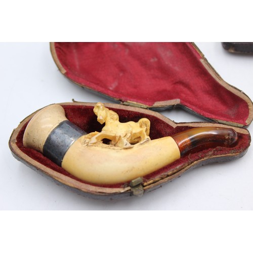 121 - 2 x Antique Cased Carved MEERSCHAUM Smoking Pipes Inc. Figural & Horse