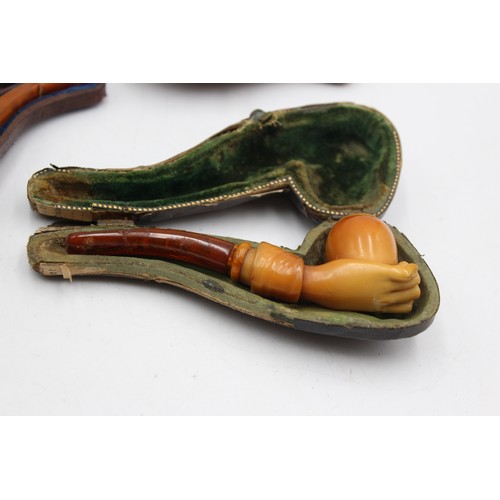 143 - 3 x Antique Cased Carved MEERSCHAUM Smoking Pipes Inc Figural, Hand, Vienna, Etc