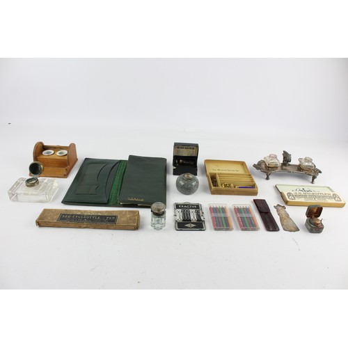 155 - 16 x Antique / Vintage DESK ACCESSORIES Inc Leather Document Wallet, Inkwells