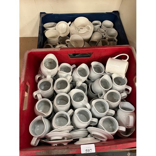 560 - 7 BOXES OF MIXED CUPS, SAUCERS, JUGS, GLASSES ETC.