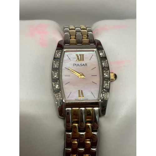 427 - PULSAR DIAMOND LADIES WATCH- BOX AND PAPERS SPARE LINKS AND DIAMOND CERTIFICATE 0.85CT 
MOTHER OF PE... 