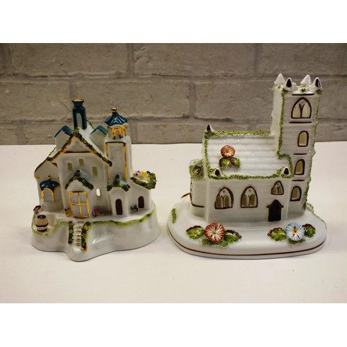 347 - TWO BOXED COALPORT COTTAGES AND FLORALS INCLUDING - THE BELL TOWER AND VILLAGE CHURCH