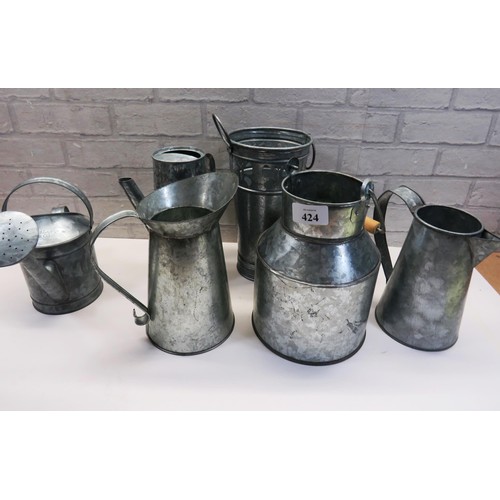 424 - COLLECTION OF ALLUMINIUM PITCHERS, CHURN AND WATERING CAN