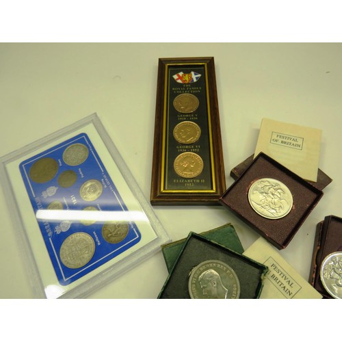 304 - 1931 UK COIN SET PLUS THREE FESTIVAL OF BRITAIN 1951 CROWNS AND FRAMED PENNIES