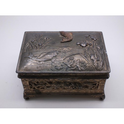 267 - VINTAGE JAPANESE METAL RELIEF WOOD LINED BOX DECORATED WITH FISH