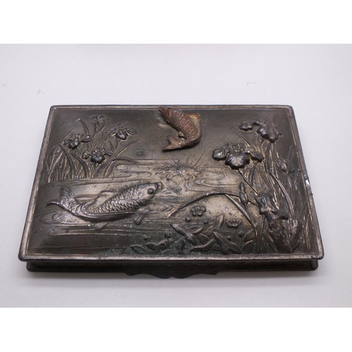 267 - VINTAGE JAPANESE METAL RELIEF WOOD LINED BOX DECORATED WITH FISH