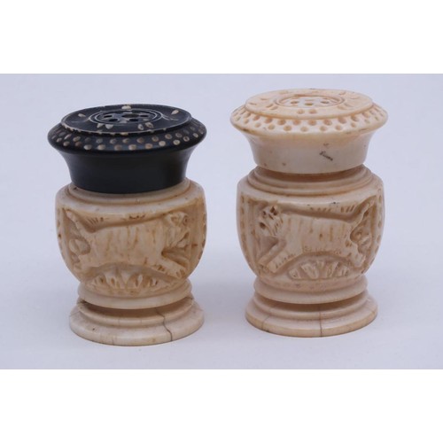 268 - ANTIQUE EBONY & IVORY CARVED CRUET SALT & PEPPER SHAKERS