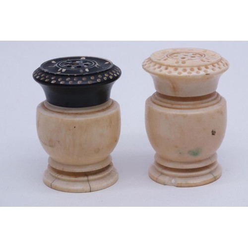 268 - ANTIQUE EBONY & IVORY CARVED CRUET SALT & PEPPER SHAKERS