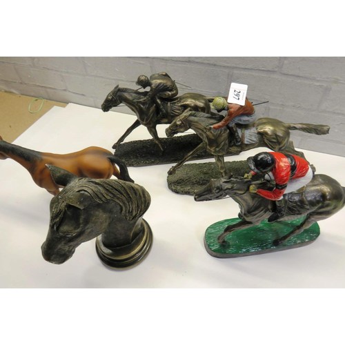 297 - THREE HORSE RACING SCULPTURES RESIN AND TWO OTHER HORSE FIGURES