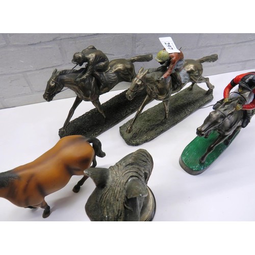 297 - THREE HORSE RACING SCULPTURES RESIN AND TWO OTHER HORSE FIGURES