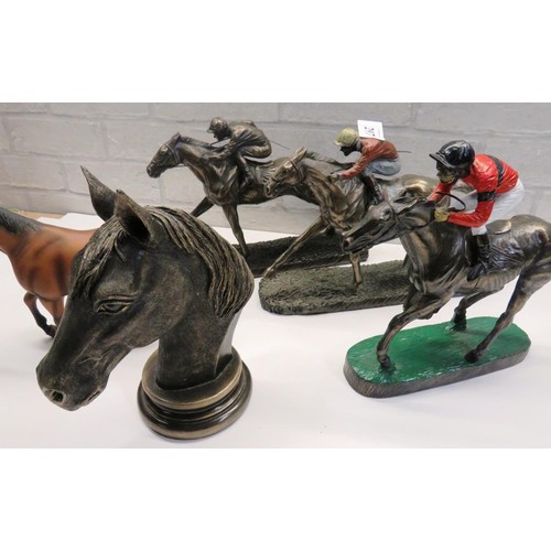 297 - THREE HORSE RACING SCULPTURES RESIN AND TWO OTHER HORSE FIGURES