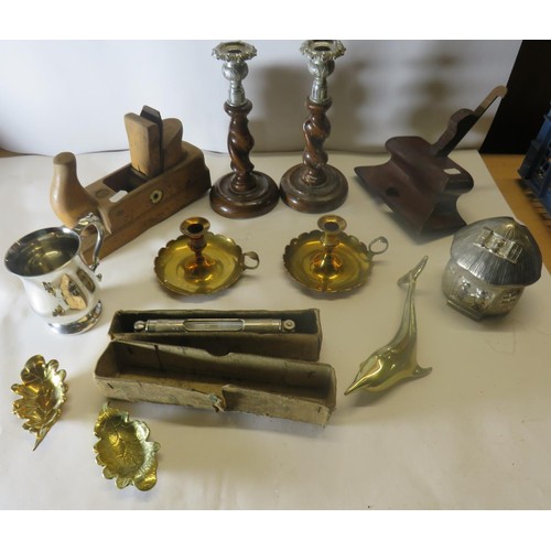 173 - SELECTION OF VINTAGE INCLUDES BARLEY TWIST CANDLESTICKS, WOOD PLANES ETC