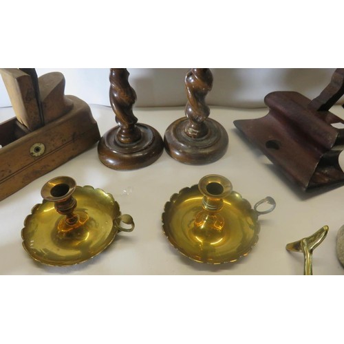 173 - SELECTION OF VINTAGE INCLUDES BARLEY TWIST CANDLESTICKS, WOOD PLANES ETC